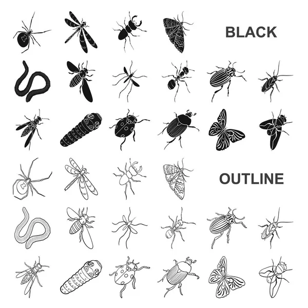 Different kinds of insects black icons in set collection for design. Insect arthropod vector isometric symbol stock web illustration. — Stock Vector