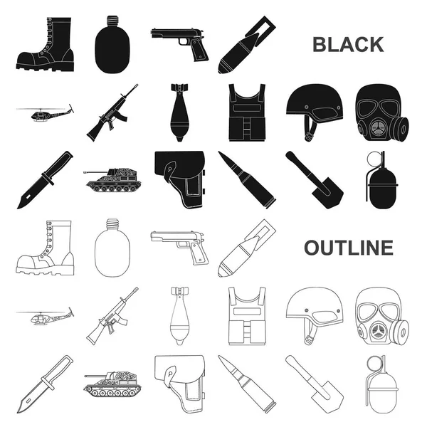 Exército e armamentos ícones pretos na coleção de conjuntos para design. Ilustração da web de estoque de símbolos vetoriais de armas e equipamentos . — Vetor de Stock