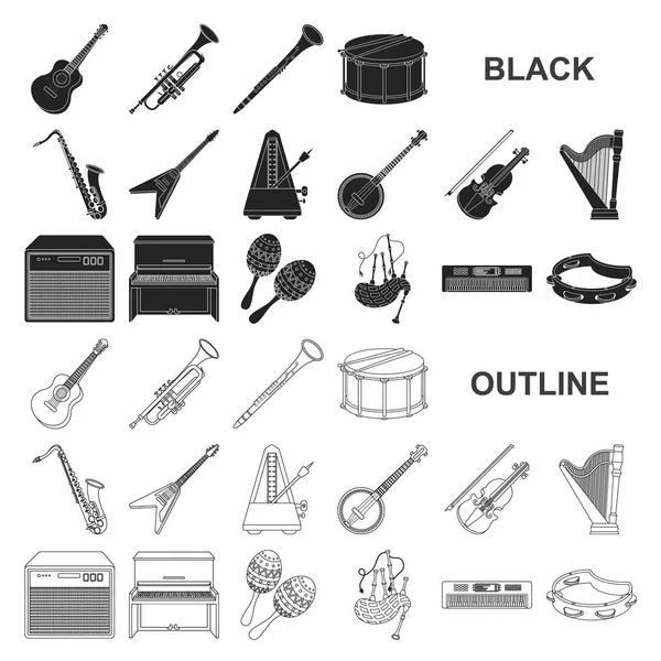 Instrumento musical iconos negros en colección de conjuntos para el diseño. Cadena y viento instrumento vector símbolo stock web ilustración . — Vector de stock