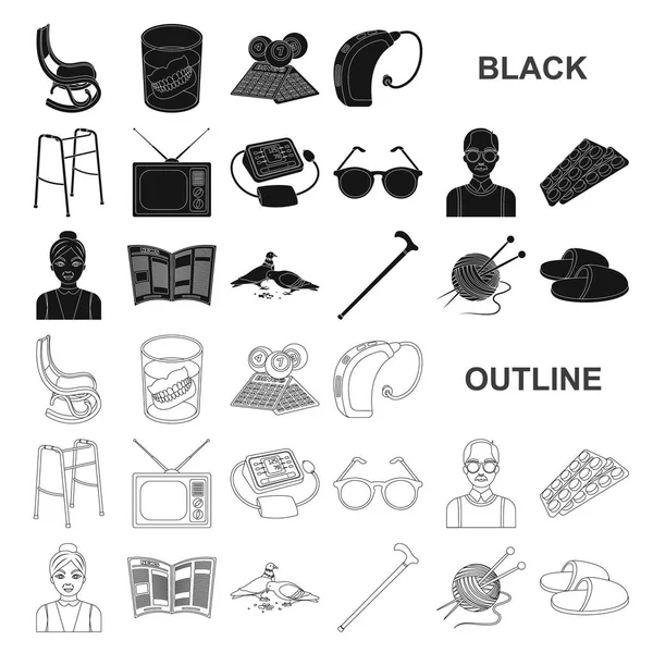Εικονίδια ανθρώπινου γήρατος μαύρο σετ συλλογής για το σχεδιασμό. Συνταξιούχος, περίοδος ζωής διάνυσμα σύμβολο μετοχής web εικονογράφηση. — Διανυσματικό Αρχείο
