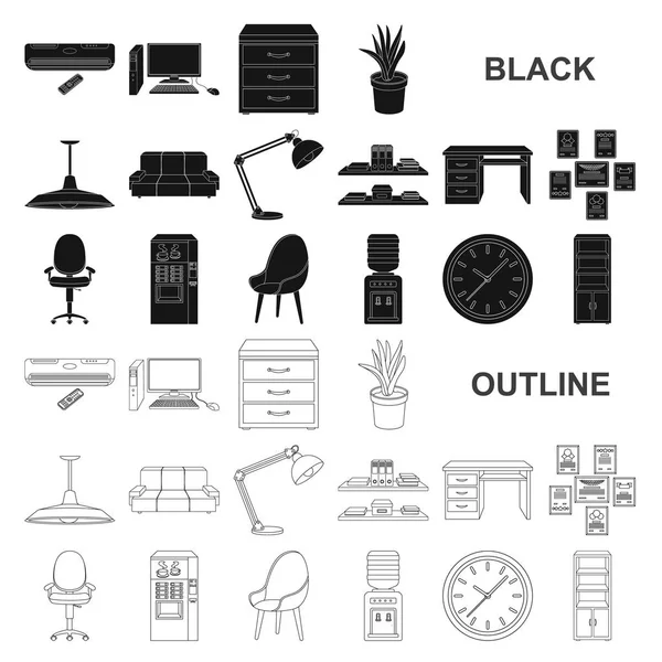 Belső munkahelyi fekete ikonok beállítása gyűjtemény a design. Irodai bútor vektor szimbólum állomány honlap illusztráció. — Stock Vector