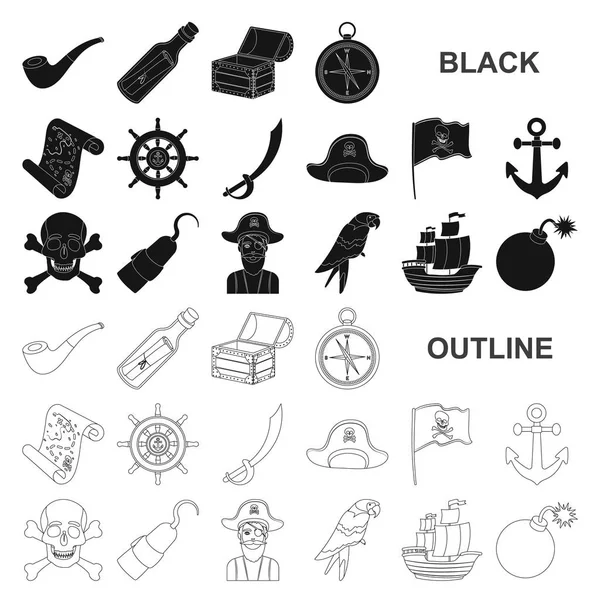 Pirata, ladrón de mar iconos negros en la colección de conjuntos para el diseño. Tesoros, atributos vector símbolo stock web ilustración . — Vector de stock