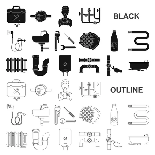 Plomberie, montage icônes noires dans la collection ensemble pour le design. Matériel et outils symbole vectoriel stock illustration web . — Image vectorielle