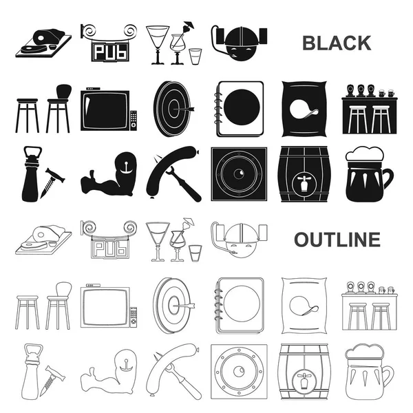 Паб, интерьер и оборудование черные в наборе для дизайна. Алкоголь и пищевые векторные символы веб-иллюстрации . — стоковый вектор