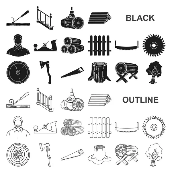 Aserradero y madera iconos negros en la colección de conjuntos para el diseño. Hardware y herramientas vector símbolo stock web ilustración . — Archivo Imágenes Vectoriales