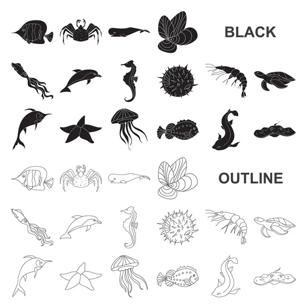 Una variedad de animales marinos iconos negros en la colección de conjuntos para el diseño. Peces y mariscos vector símbolo stock web ilustración . — Vector de stock