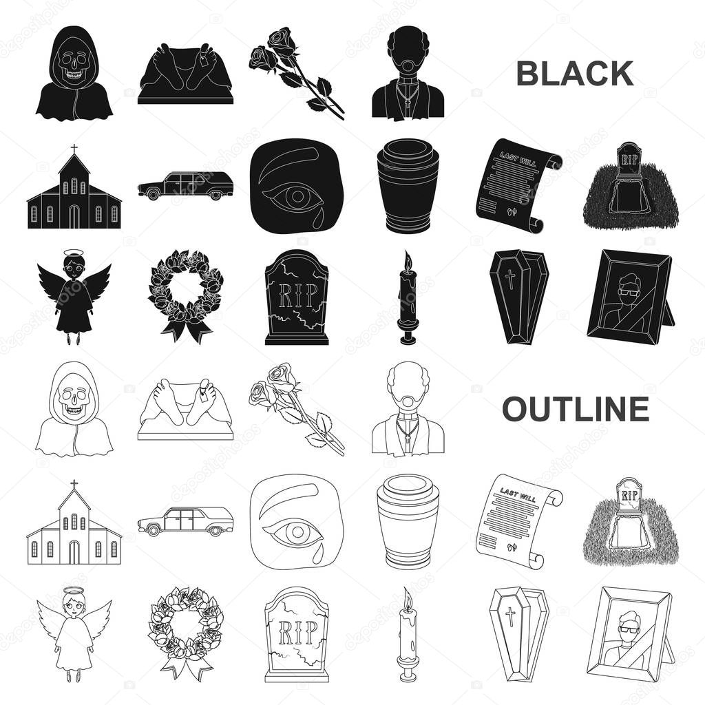 Funeral ceremony black icons in set collection for design. Funerals and Attributes vector symbol stock  illustration.