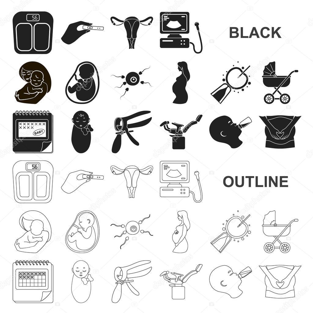 Woman and pregnancy black icons in set collection for design. Gynecology and equipment vector symbol stock web illustration.