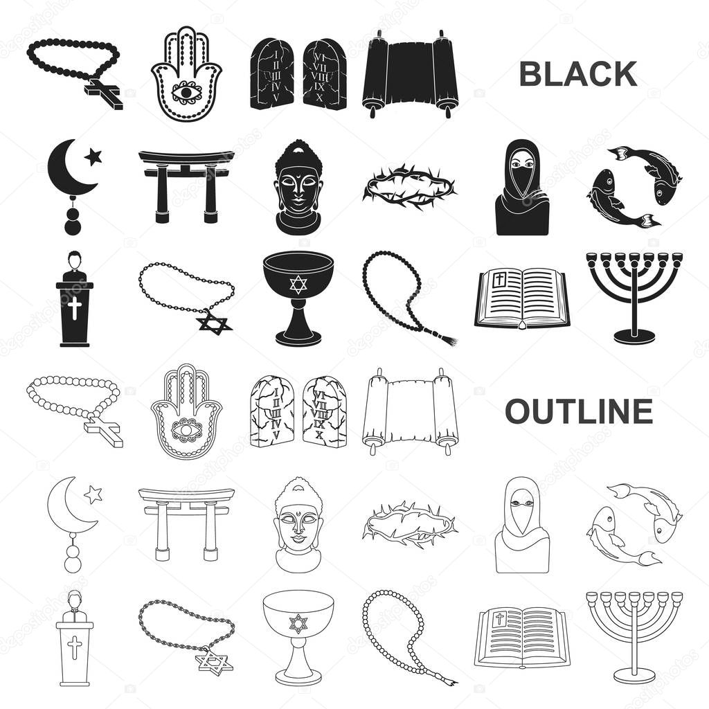 Religion and belief black icons in set collection for design. Accessories, prayer vector symbol stock  illustration.