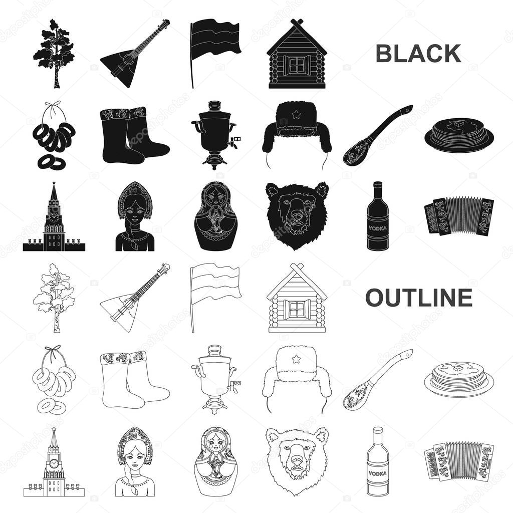 Country Russia, travel black icons in set collection for design. Attractions and features vector symbol stock web illustration.