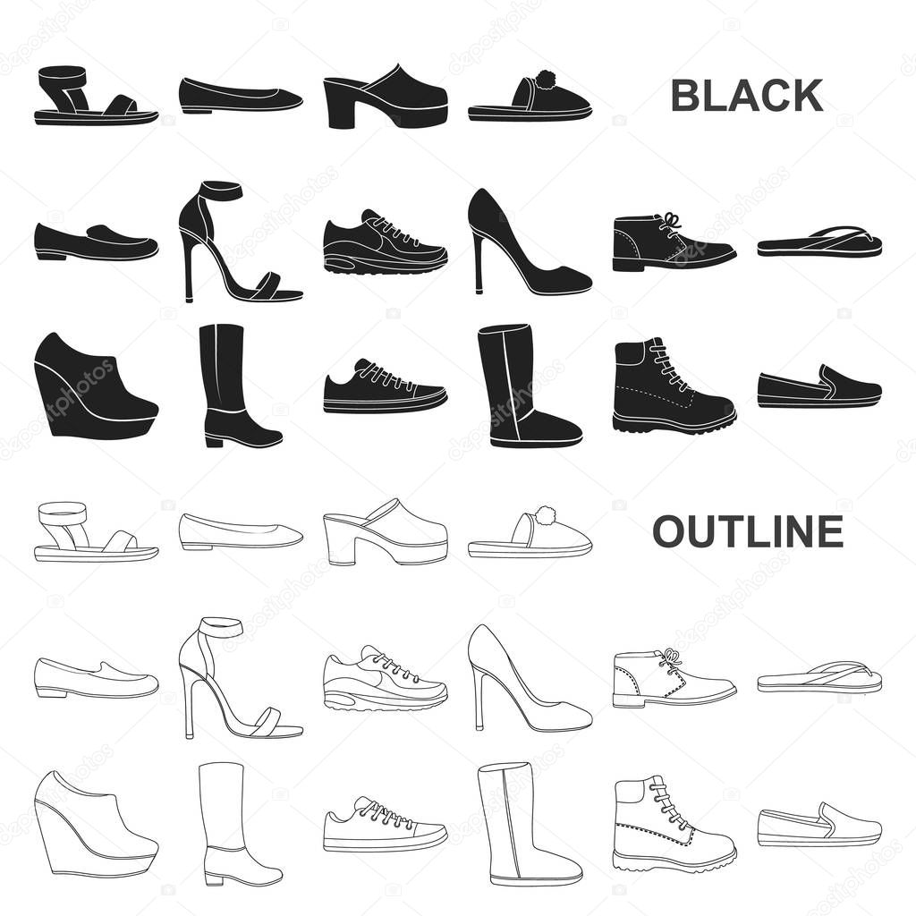 A variety of shoes black icons in set collection for design. Boot, sneakers vector symbol stock  illustration.