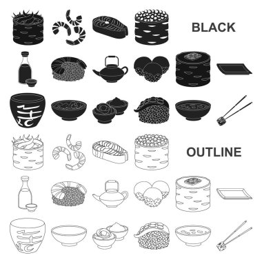 Suşi ve set koleksiyonu tasarım için siyah simgeler baharat. Deniz ürünleri gıda, Aksesuar vektör simge stok web çizimi.