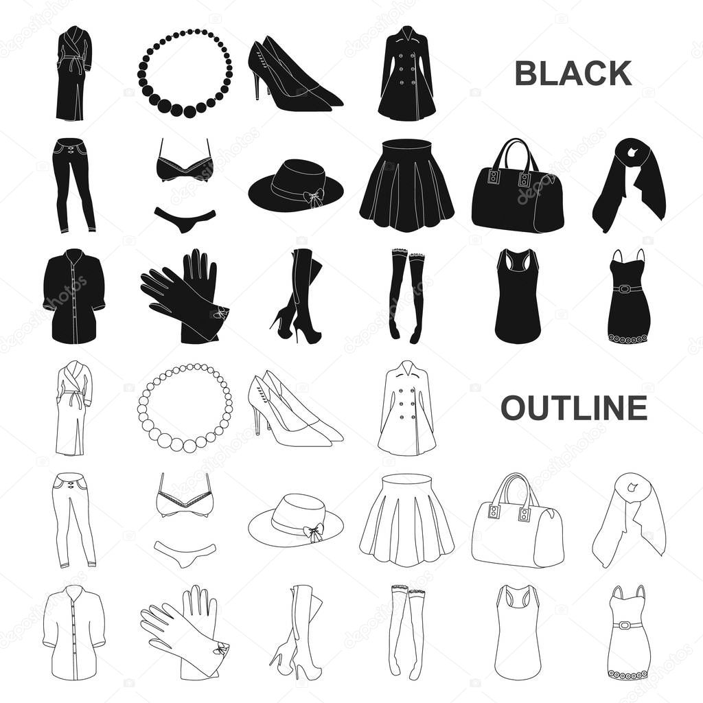 Women Clothing black icons in set collection for design.Clothing Varieties and Accessories vector symbol stock illustration.