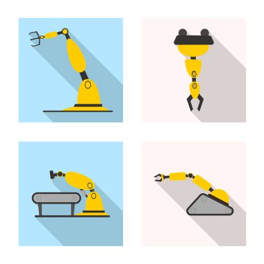 Robot ve fabrika işareti vektör tasarımı. Web için robot ve uzay hisse senedi simgesi kümesi.