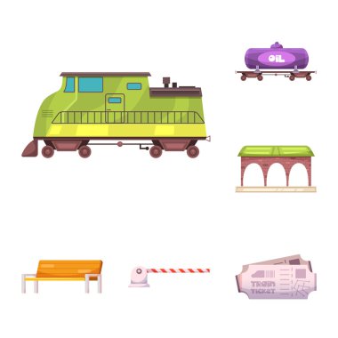 Tren ve İstasyonu simgesi yalıtılmış nesne. Tren ve bilet hisse senedi vektör çizim seti.