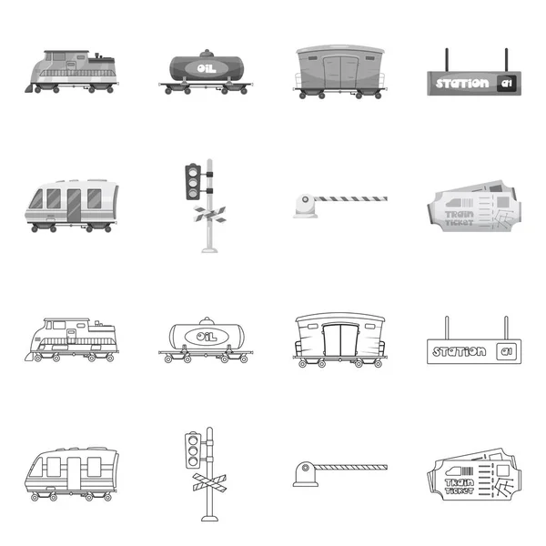 Vektorillustration von Zug- und Bahnhofsschild. Sammlung von Zug- und Fahrkartensymbolen für das Web. — Stockvektor