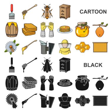 Set koleksiyonu tasarım için arı kovanı ve arıcılık karikatür simgeler. Ekipman ve bal üretim sembol stok web illüstrasyon vektör.