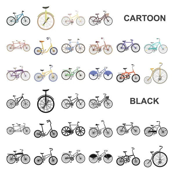 Erilaisia polkupyöriä sarjakuva kuvakkeet asetettu kokoelma suunnitteluun. Liikennevektorin tunnuksen tyypin mukainen web-kuva . — vektorikuva
