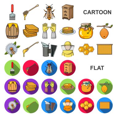 Set koleksiyonu tasarım için arı kovanı ve arıcılık karikatür simgeler. Ekipman ve bal üretim sembol stok illüstrasyon vektör.