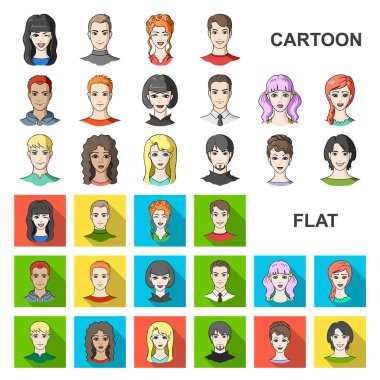 Set koleksiyonu tasarım için Avatar ve yüz karikatür simgeler. Bir kişi görünümü vektör simge stok web çizim.