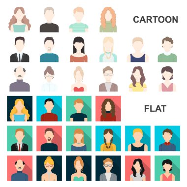 Set koleksiyonu tasarım için Avatar ve yüz karikatür simgeler. Bir kişi görünümü vektör simge stok web çizim.