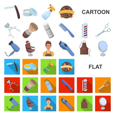 Set koleksiyonu tasarım için berber dükkanı ve ekipman karikatür simgeler. Saç kesimi ve tıraş sembol stok illüstrasyon vektör.