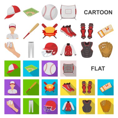 Beyzbol ve öznitelikleri set koleksiyonu tasarım için simgeleri karikatür. Sembol stok illüstrasyon vektör beyzbol oyuncusu ve ekipman.