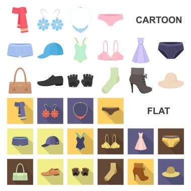 Giysi ve aksesuarları set koleksiyonu tasarım için simgeleri karikatür. Ayakkabı ve dekorasyon sembol stok web illüstrasyon vektör.