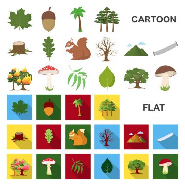 Set koleksiyonu tasarım için orman ve doğa karikatür simgeler. Orman hayat vektör simge stok web çizim.