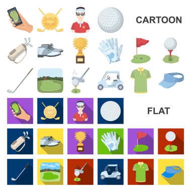 Golf ve öznitelikleri set koleksiyonu tasarım için simgeleri karikatür. Golf Kulübü ve ekipman sembol stok web illüstrasyon vektör.