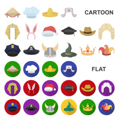 Şapka çeşitleri set koleksiyonu tasarım için simgeleri karikatür. Headdress vektör simge stok web çizimi.