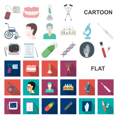 Set koleksiyonu tasarım için ilaç ve tedavi karikatür simgeler. Tıp ve ekipman sembol stok web illüstrasyon vektör.