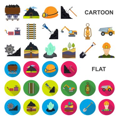 Madencilik Sanayi karikatür simgeleri set koleksiyonu tasarım için. Cihazlar ve sembol stok web illüstrasyon vektör.