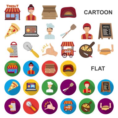 Set koleksiyonu tasarım için pizza ve pizza karikatür simgeler. Personel ve ekipman sembol stok web illüstrasyon vektör.