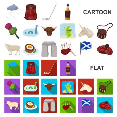 Set koleksiyonu tasarım için ülke İskoçya karikatür simgeler. Gezi, kültür ve gelenek sembol stok web illüstrasyon vektör.