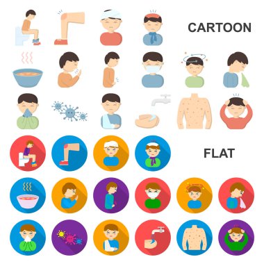 Set koleksiyonu tasarım için hasta adam karikatür simgeler. Hastalık ve tedavi sembol stok web illüstrasyon vektör.