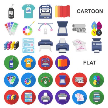 Matbaa ürünleri set koleksiyonu tasarım için simgeleri karikatür. Sembol stok web illüstrasyon vektör yazdırma ve ekipman.