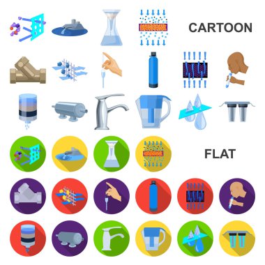 Su filtrasyon sistemi karikatür simgeleri set koleksiyonu tasarım için. Temizlik ekipmanları vektör simge stok web çizim.