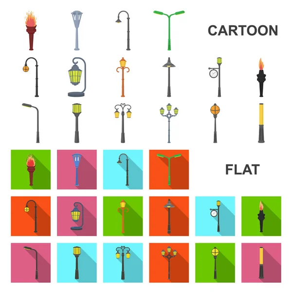 Lâmpada post Ícones de desenhos animados em coleção de conjuntos para design. Lanterna e iluminação símbolo vetor web ilustração . —  Vetores de Stock