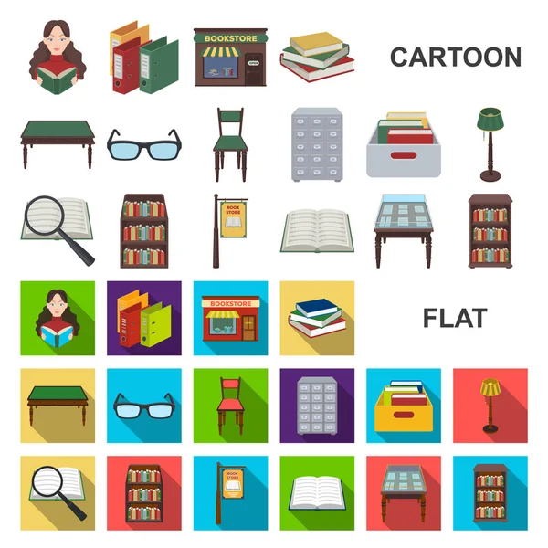 Knihkupectví a knihovny karikatura ikony v nastavení kolekce pro design. Knih a vybavení vektorové ilustrace symbolů akcií web. — Stockový vektor