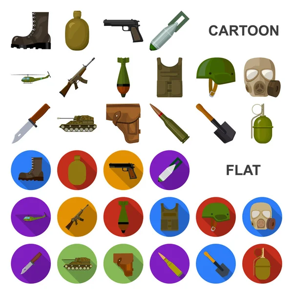 Ícones de desenhos animados do exército e do armamento na coleção de conjuntos para design. Ilustração da web de estoque de símbolos vetoriais de armas e equipamentos . — Vetor de Stock