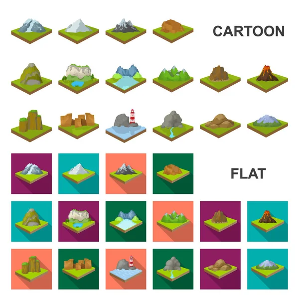 Berge, massive Cartoon-Ikonen in Set-Kollektion für das Design. die Oberfläche des Erdvektors isometrisches Symbol stock web illustration. — Stockvektor