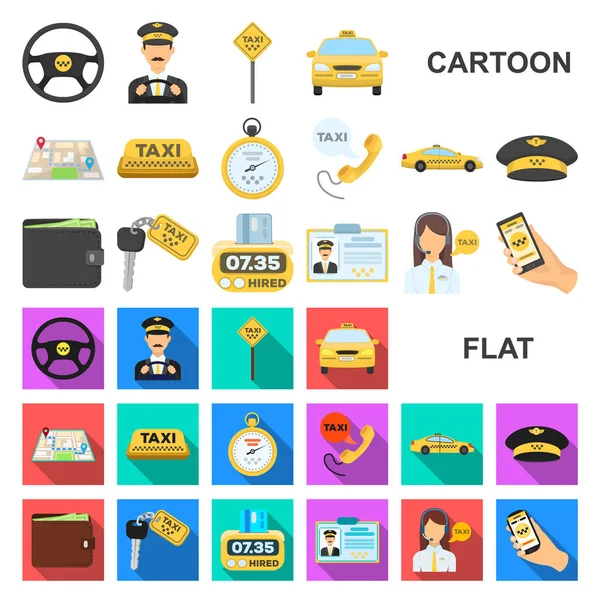 Iconos de dibujos animados de servicio de taxi en la colección de conjuntos para el diseño. Taxi conductor y vector de transporte símbolo stock web ilustración . — Vector de stock