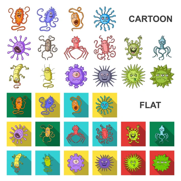 Tipos de micróbios engraçados ícones de desenhos animados na coleção de conjuntos para design. Ilustração patogênica da teia do estoque do símbolo do vetor dos micróbios . — Vetor de Stock