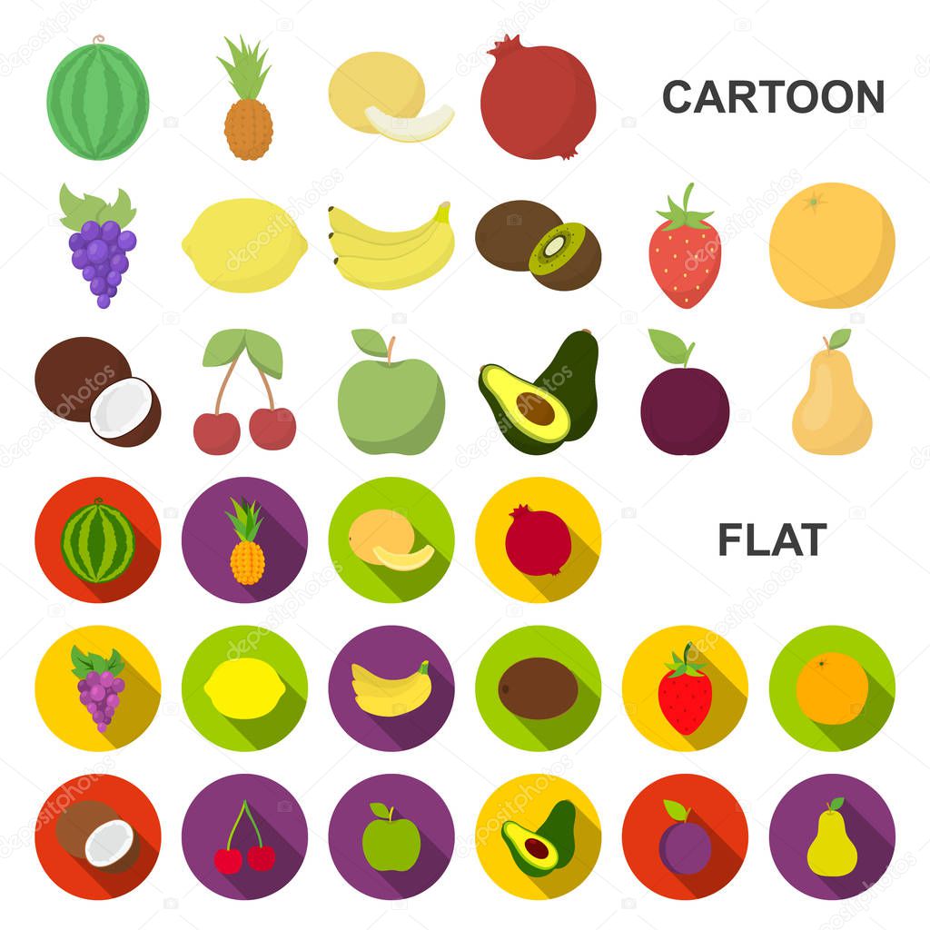 Different fruits cartoon icons in set collection for design. Fruits and vitamins vector symbol stock web illustration.