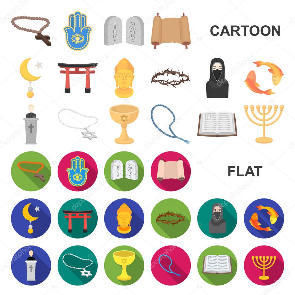 Religion and belief cartoon icons in set collection for design. Accessories, prayer vector symbol stock web illustration.