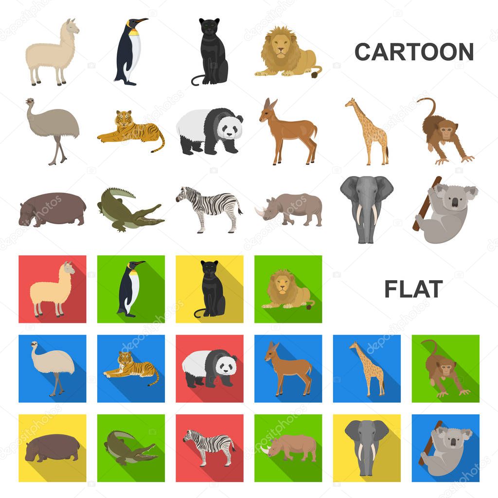 Different animals cartoon icons in set collection for design. Bird, predator and herbivore vector symbol stock web illustration.