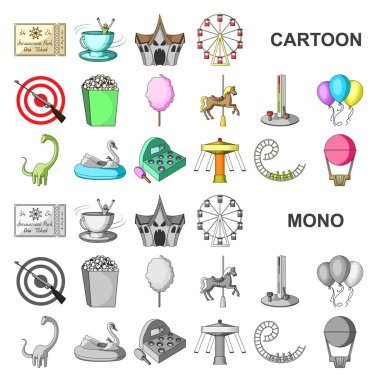 Set koleksiyonu tasarım için eğlence parkı karikatür simgeler. Cihazları ve mekanlarına sembol stok web illüstrasyon vektör.