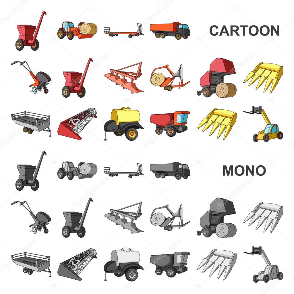 Agricultural machinery cartoon icons in set collection for design. Equipment and device vector symbol stock  illustration.