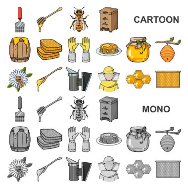 Set koleksiyonu tasarım için arı kovanı ve arıcılık karikatür simgeler. Ekipman ve bal üretim sembol stok web illüstrasyon vektör.